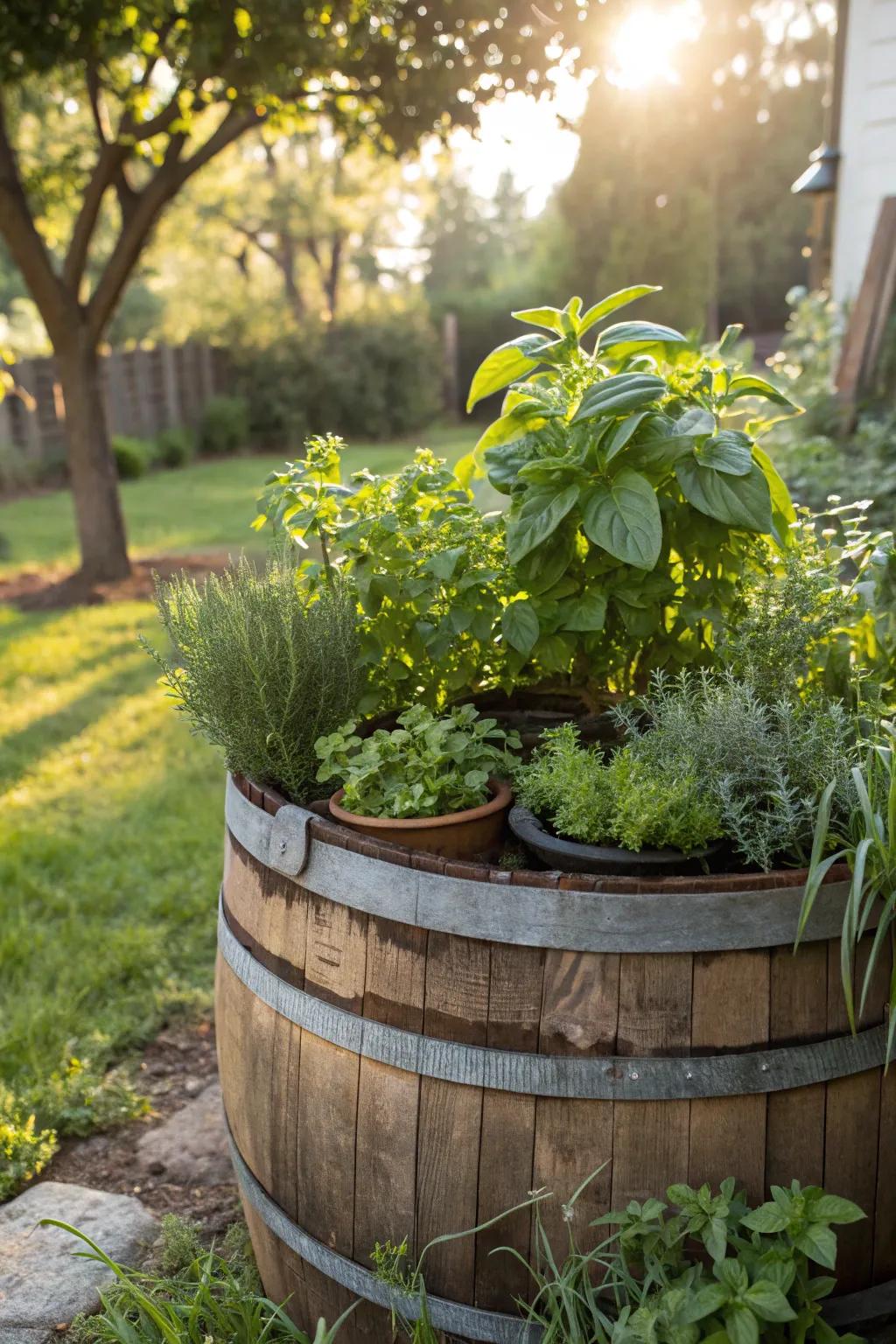 A wine barrel herb garden offering fresh flavors.