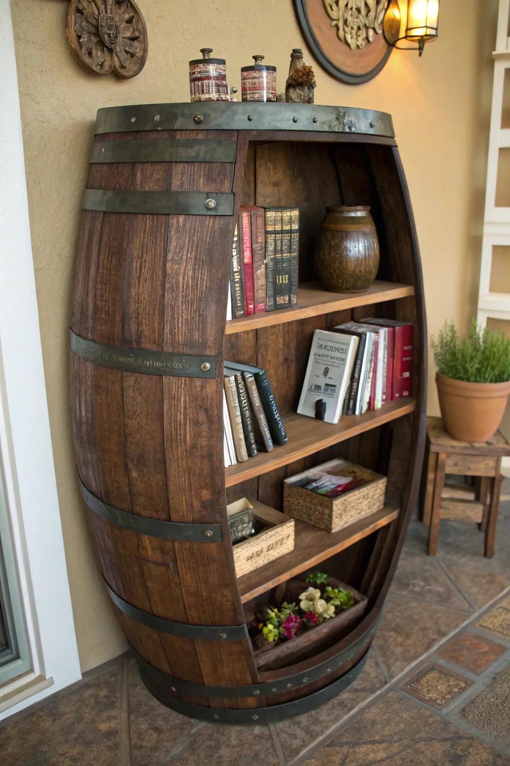 A wine barrel shelf perfect for displaying treasures.