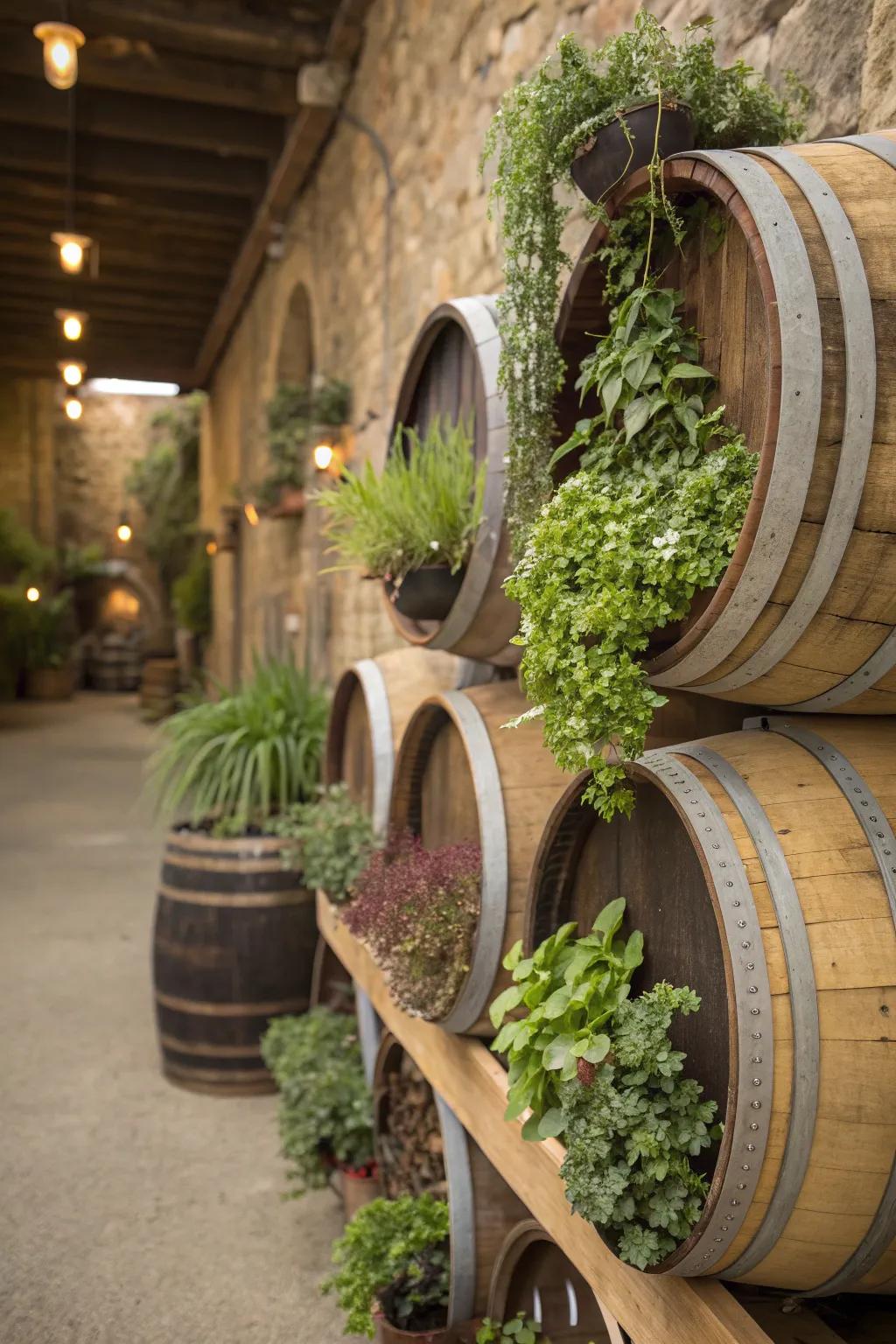A vertical garden using wine barrel rings for efficient planting.