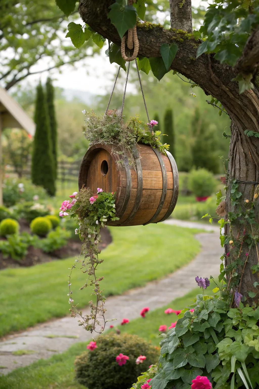 A wine barrel birdhouse attracting garden visitors.