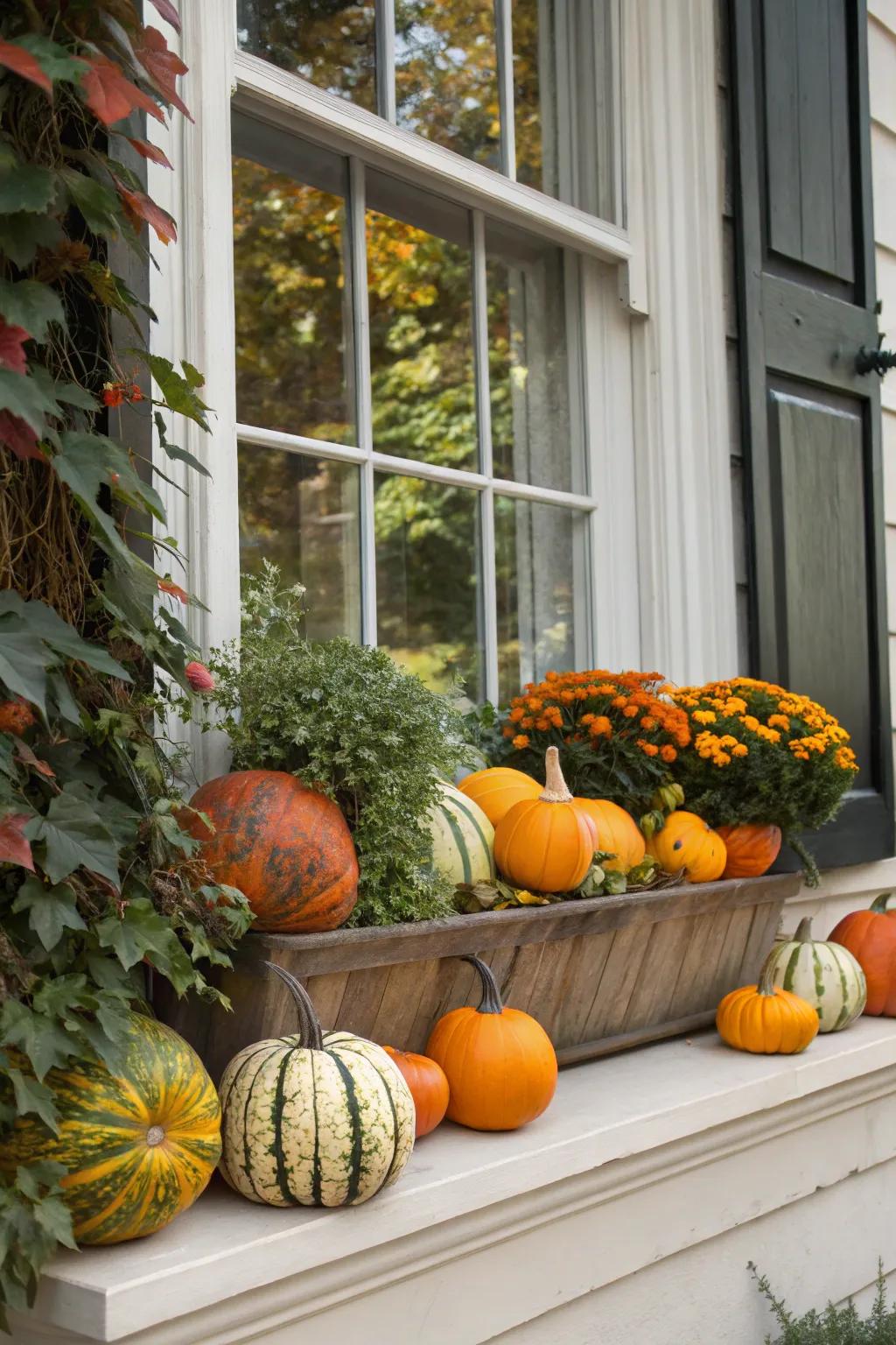 A window box bursting with pumpkins and gourds.