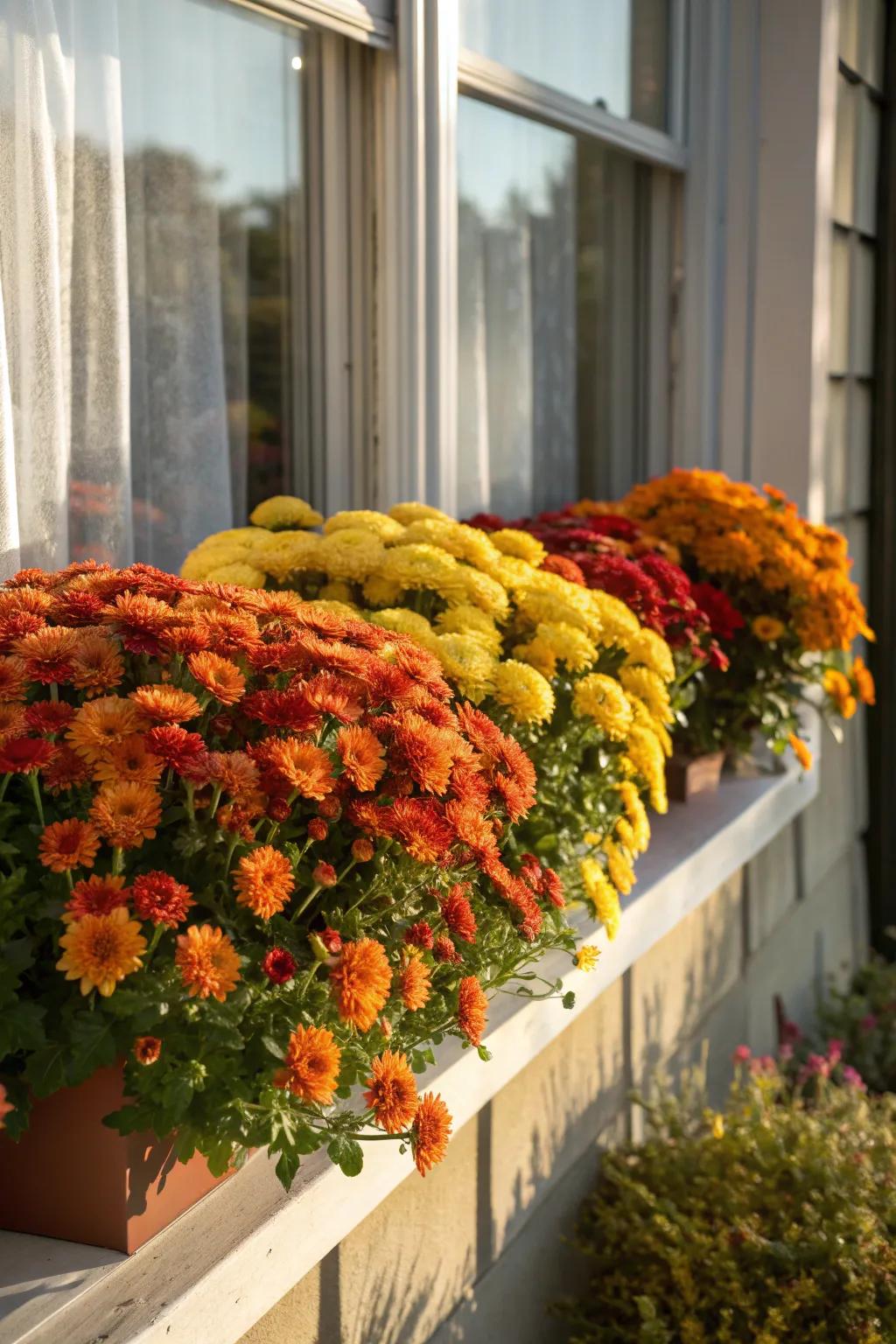 Bright chrysanthemums lighting up the window.