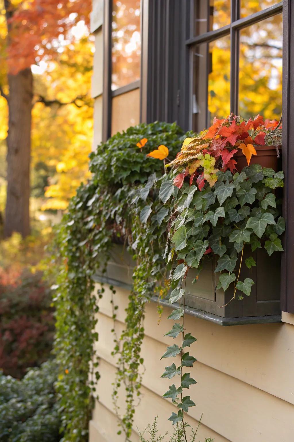 Lush foliage cascading from a window box.