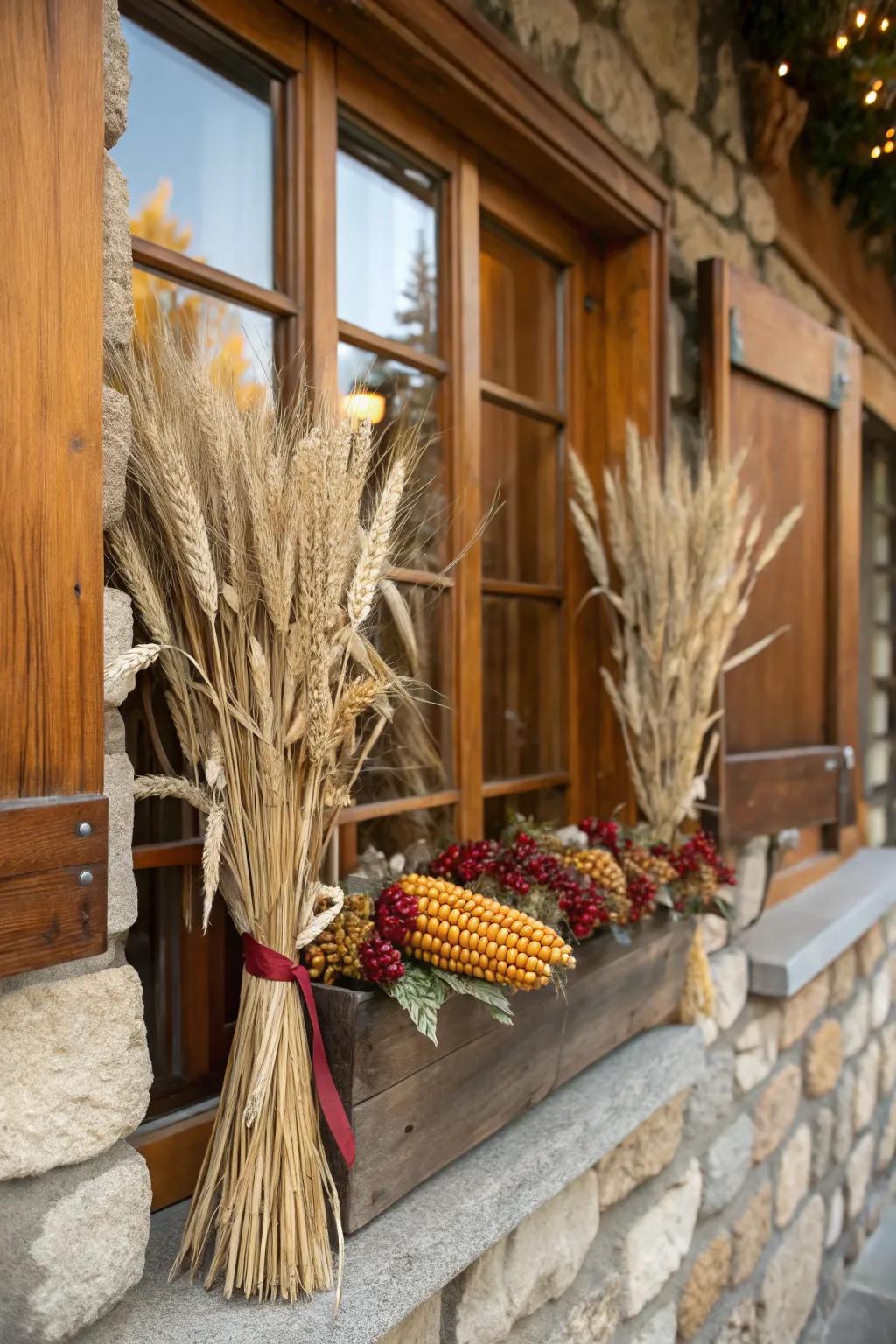 Rustic charm with wheat and corn.