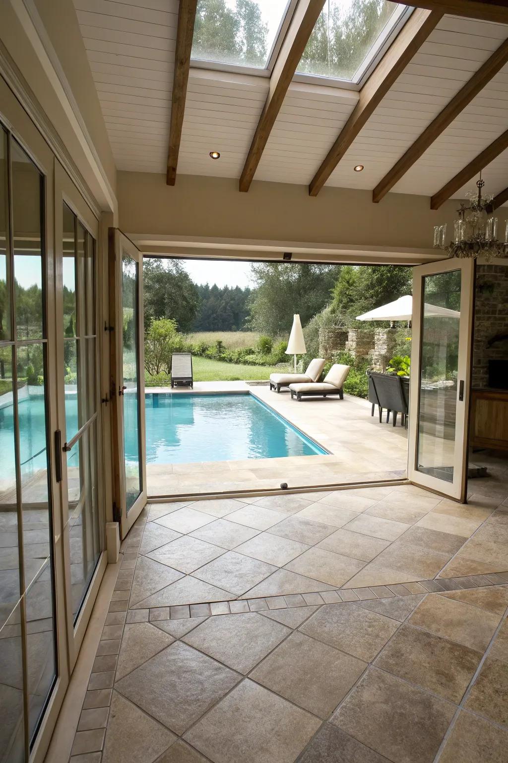 Seamless tile transitions create a cohesive indoor-outdoor flow.