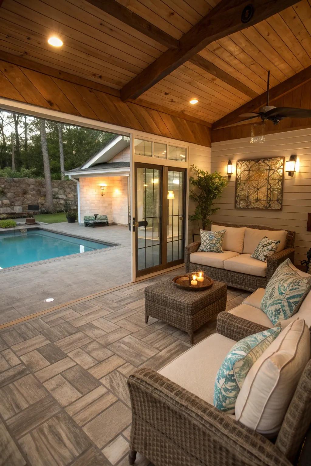 Wood-look tiles bring warmth and comfort to pool house spaces.