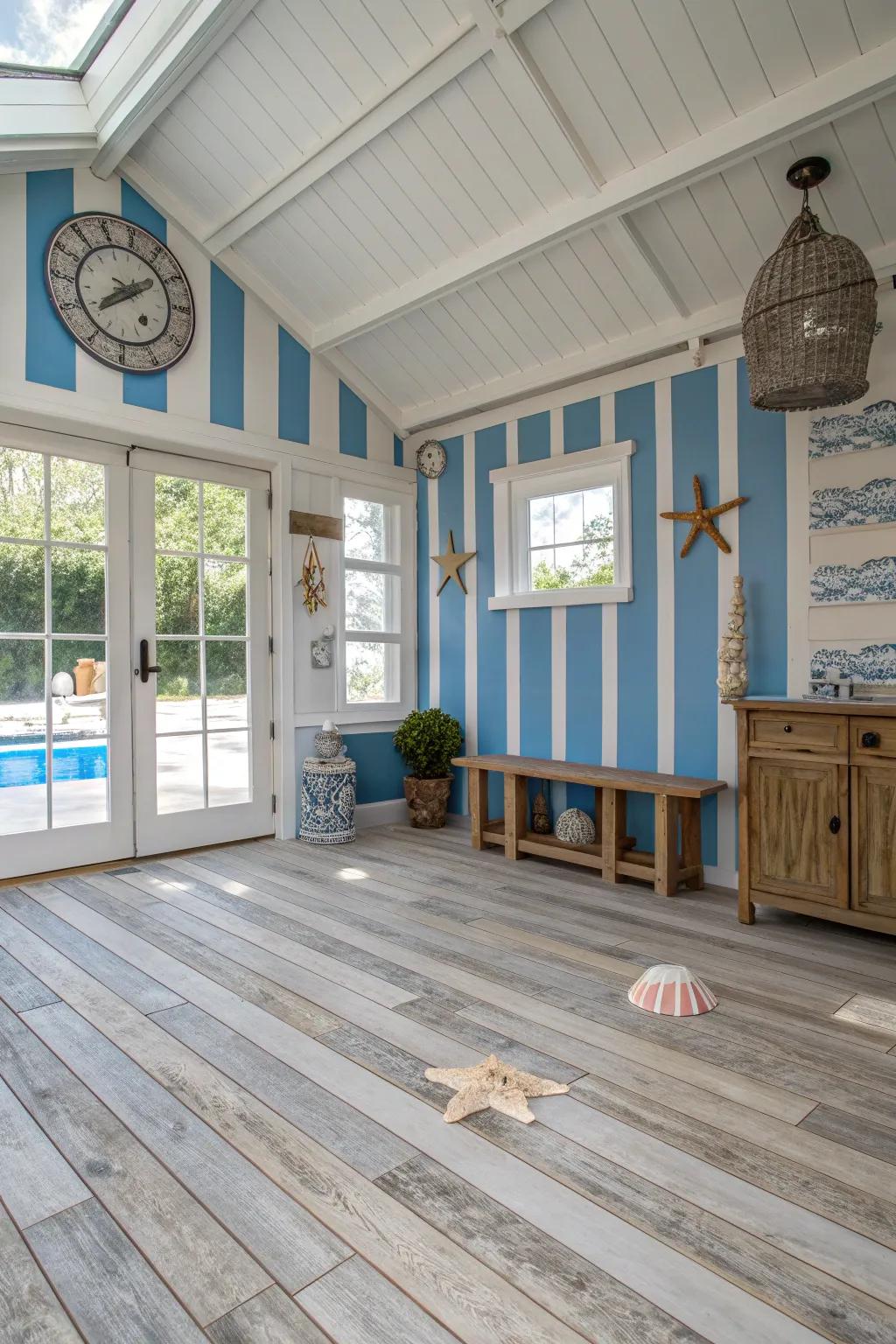 Nautical vinyl planks add a coastal charm to any pool house.