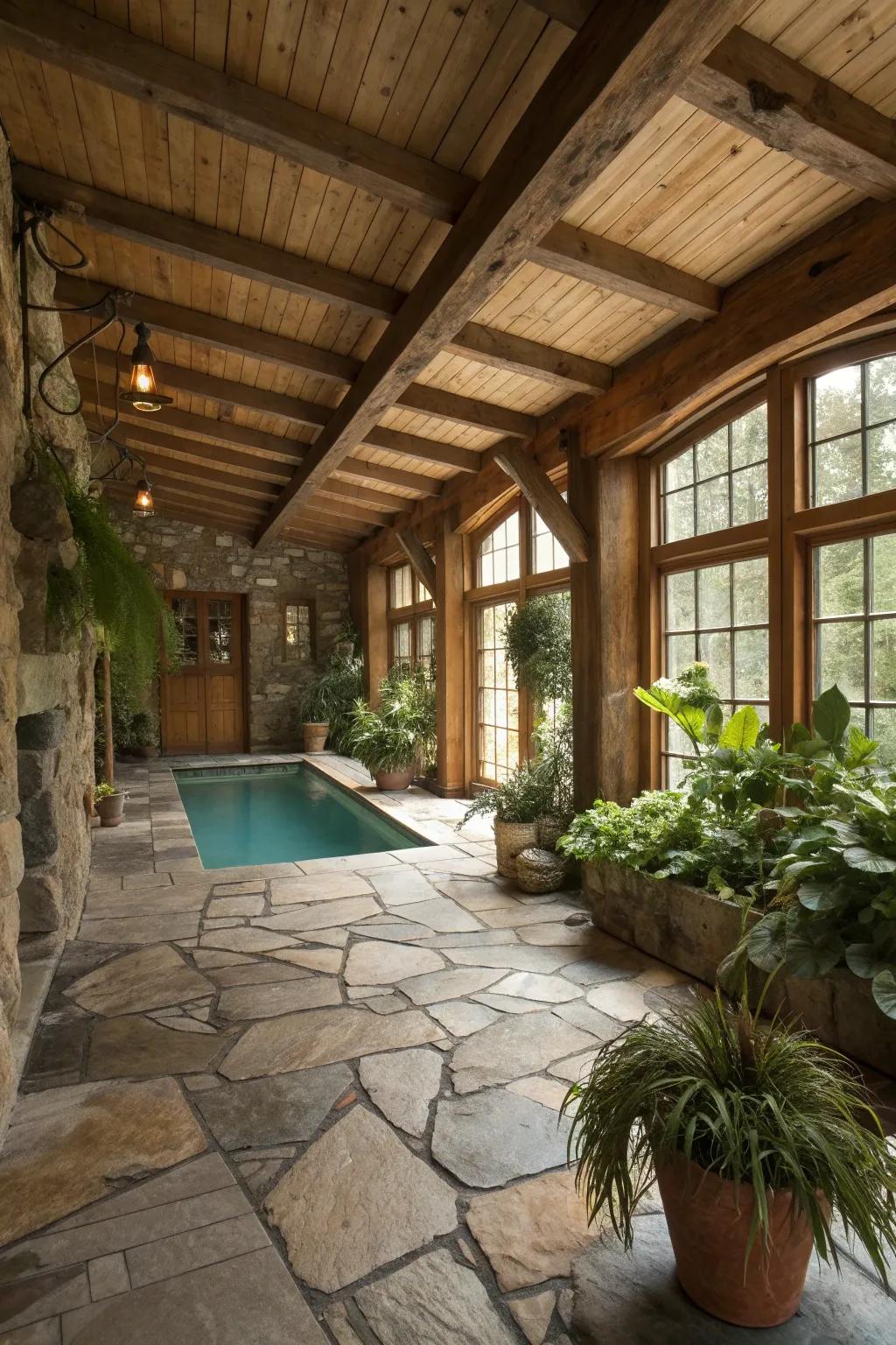 Stone flooring provides a rustic and natural appeal for pool houses.