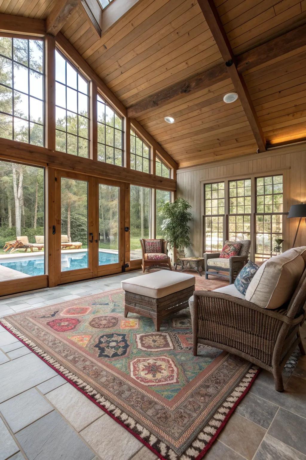 Outdoor rugs offer a soft and inviting touch for pool house lounging.