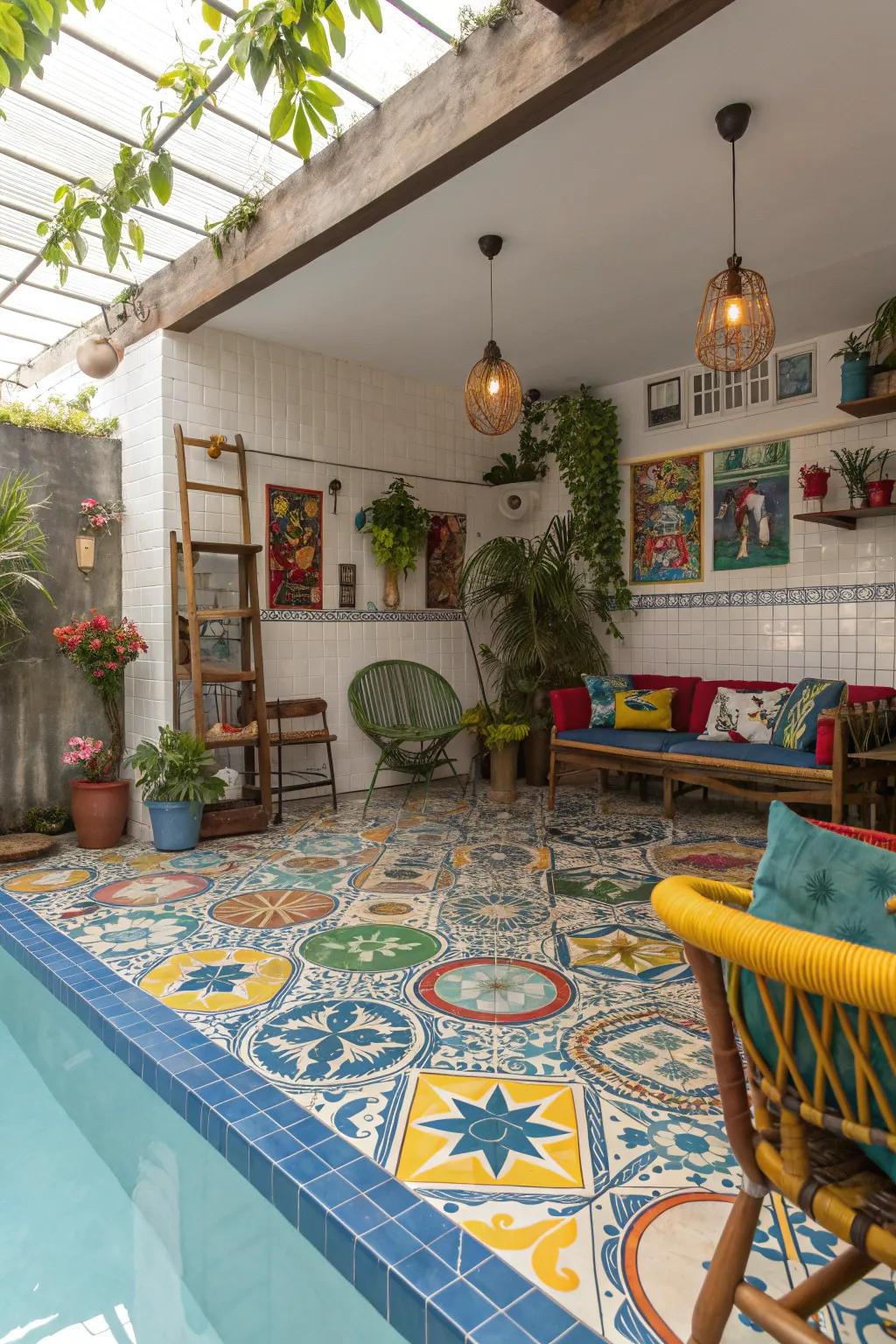 Patterned ceramic tiles offer a colorful and creative design option.