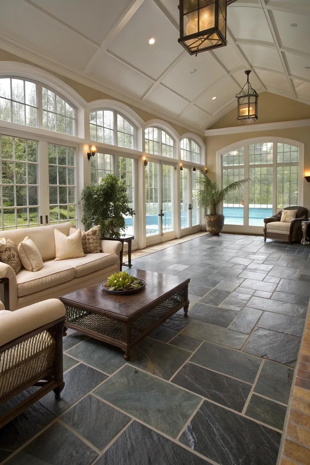 Slate flooring provides a textured and elegant natural stone appearance.