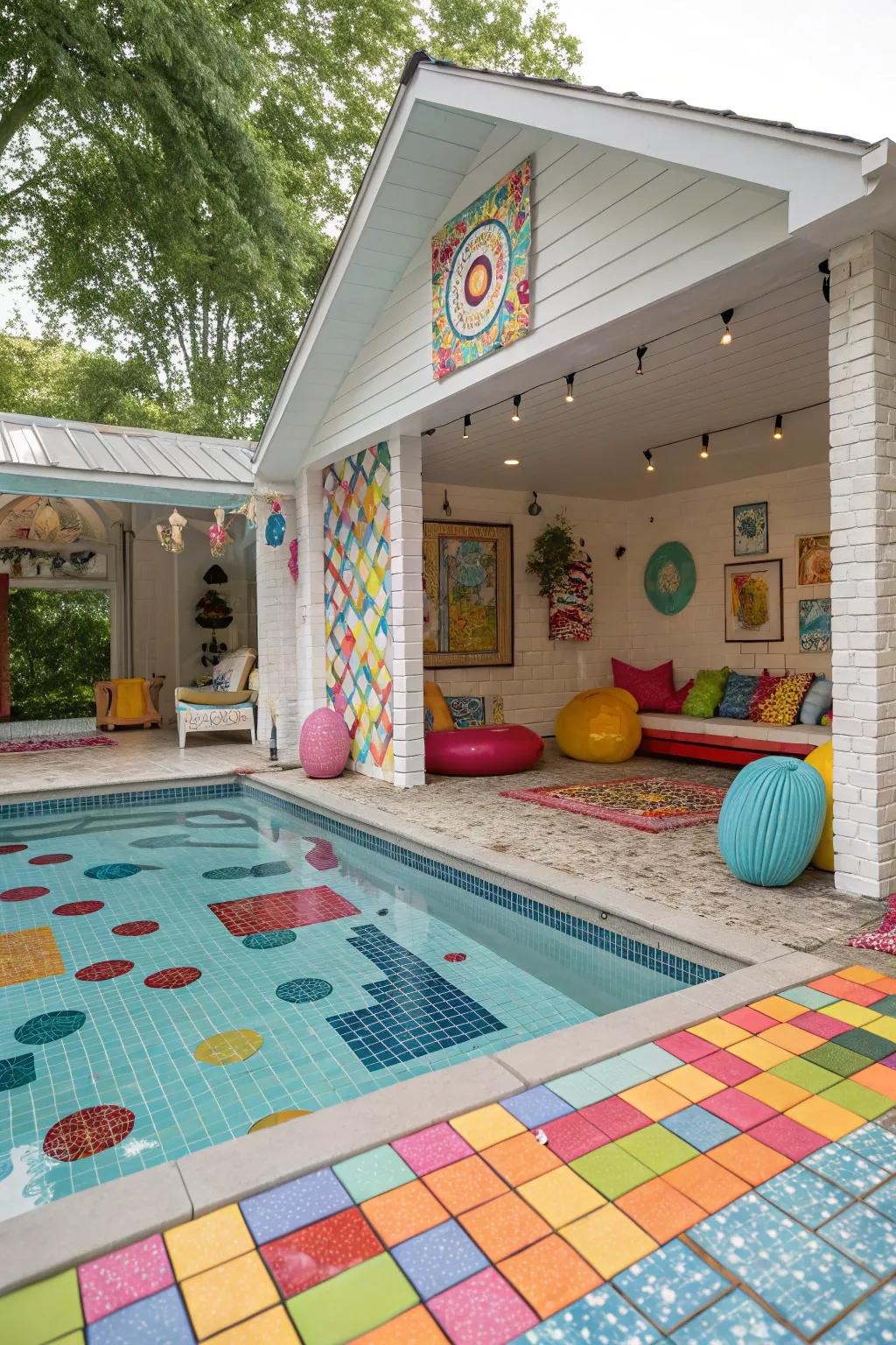 Mosaic tiles bring vibrant and playful patterns to pool house floors.