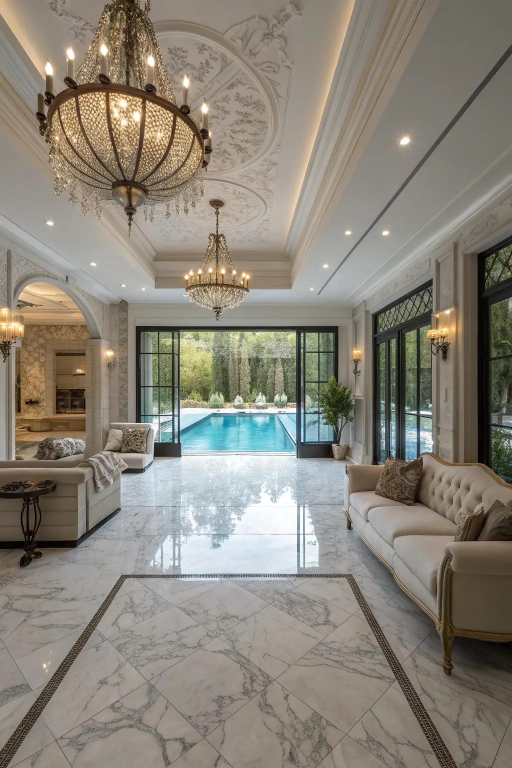 Marble flooring adds a touch of luxury and timeless beauty.
