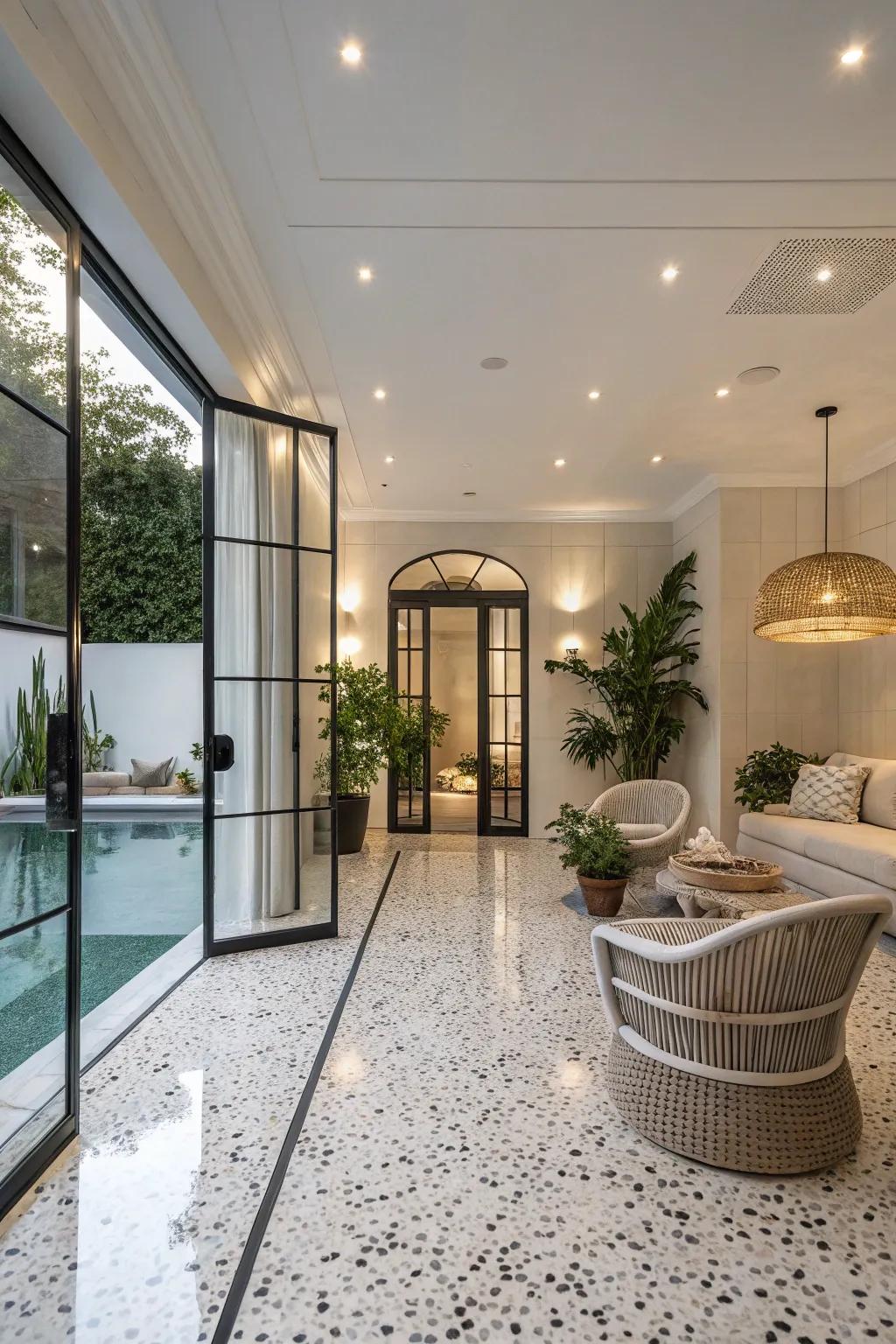 Terrazzo flooring combines chic patterns with durability.