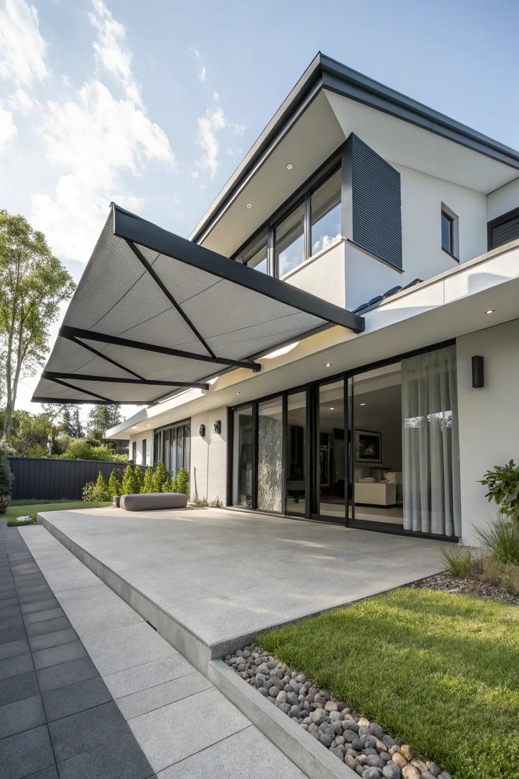 Angular awnings emphasize modern architectural lines.