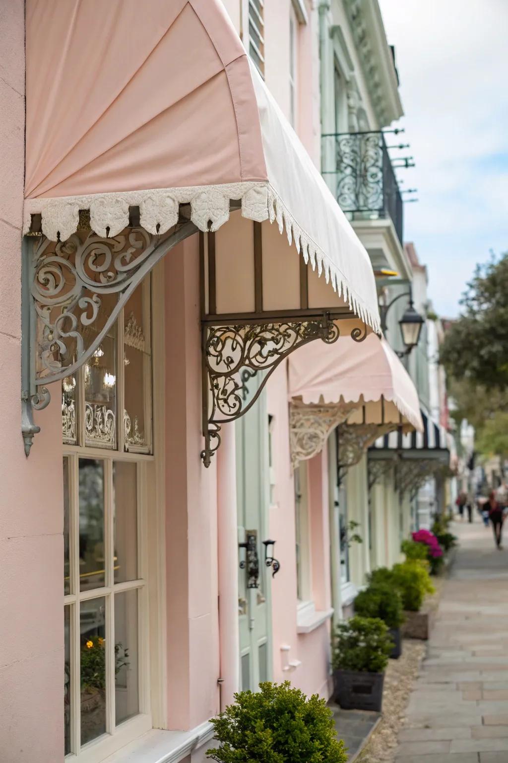 Decorative brackets add flair to window awnings.