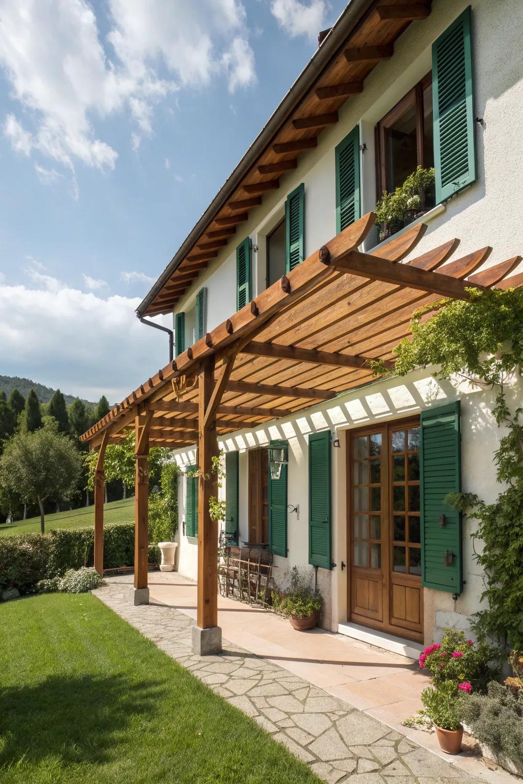Wooden pergola-style awnings add warmth and charm.