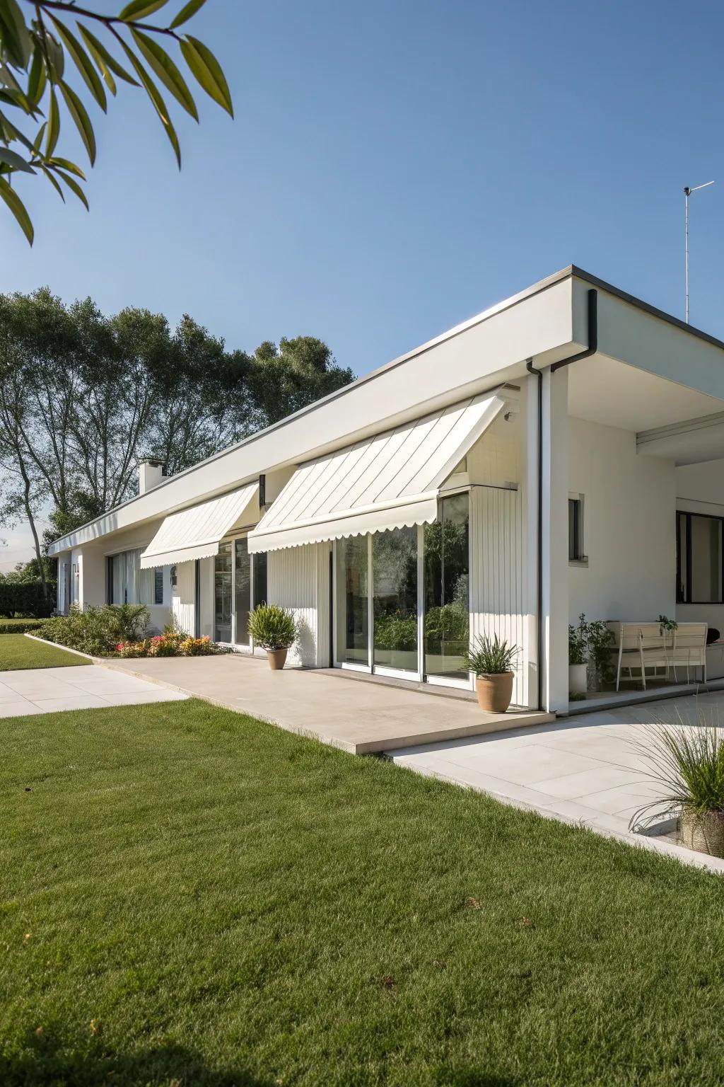 Vinyl awnings provide a sleek, minimalist aesthetic.