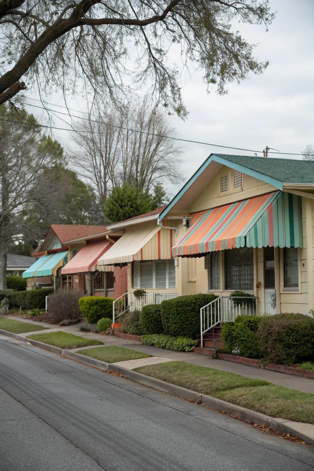 Color-coordinated awnings create a seamless home design.