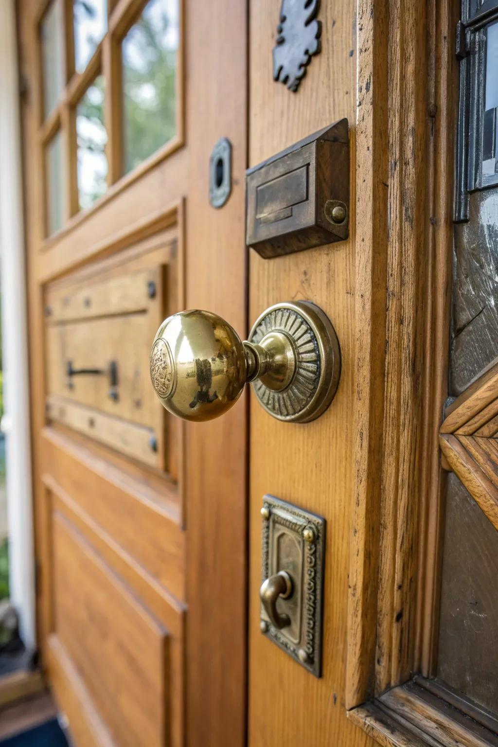 Sophisticated brass door knobs adding elegance to a traditional wooden door.