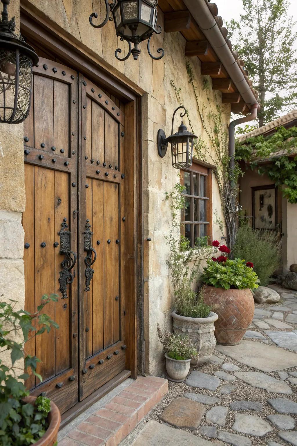 Rugged iron pulls complementing a rustic wooden door.