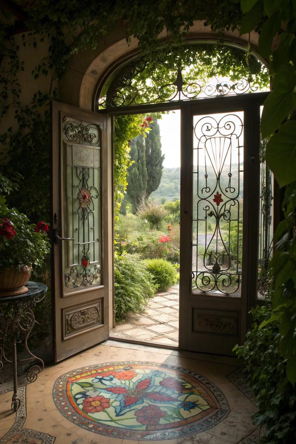 Glass door panels creating a light and elegant entrance.