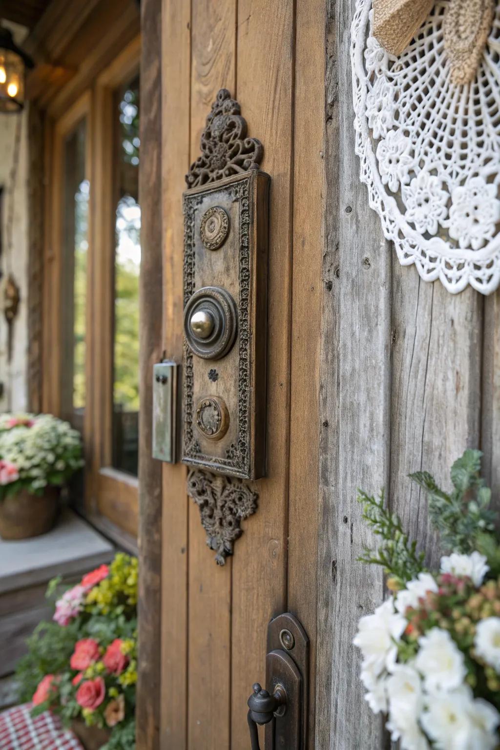 An antique door bell adding nostalgic charm to a rustic entrance.