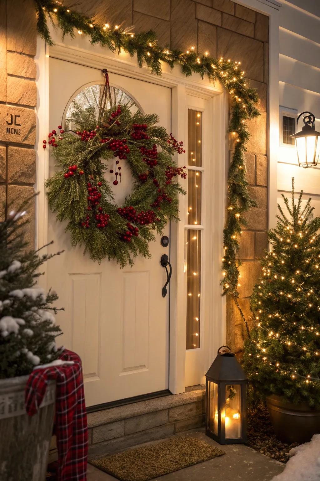 A seasonal wreath bringing festive charm to an inviting entrance.