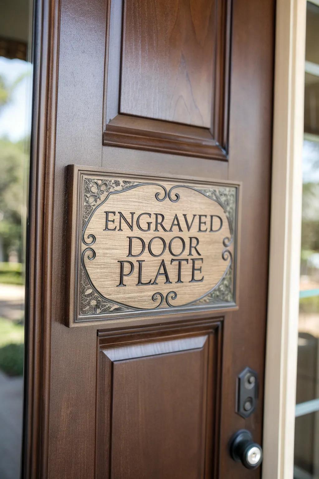 Custom engraved plates adding a personal touch to a stylish entrance.