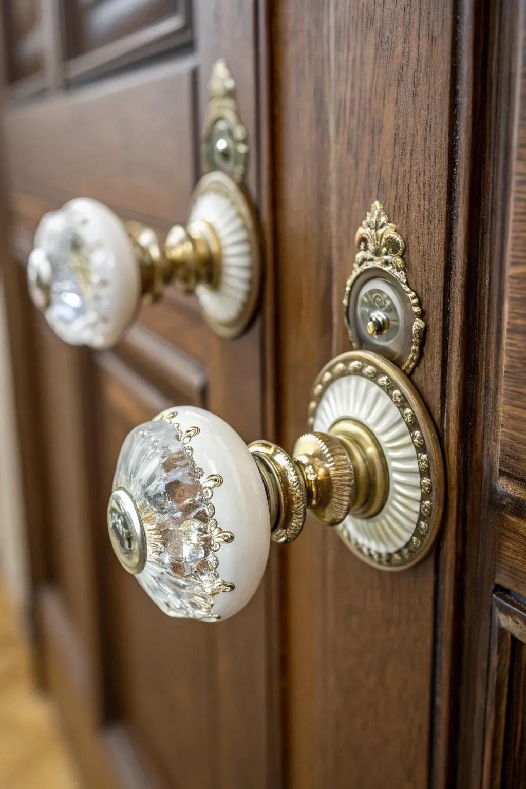 Porcelain and crystal knobs adding a touch of luxury to a classic door.