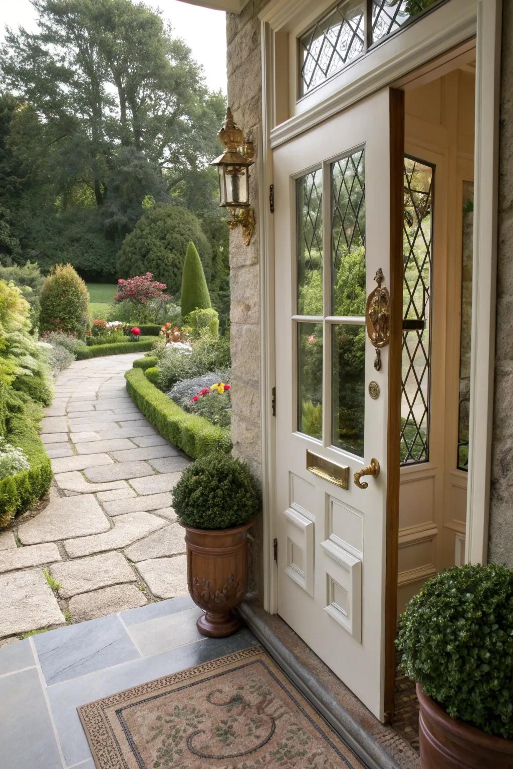 Decorative kick plates adding protection and style to a front door.