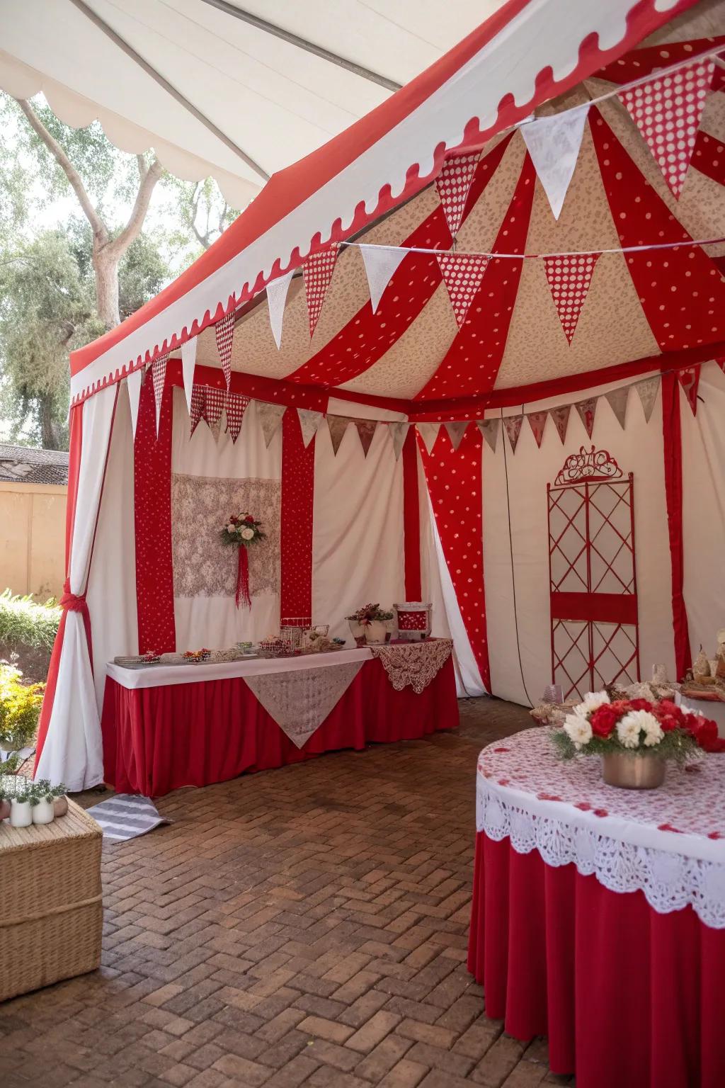 A festive tent interior featuring a classic red and white Christmas theme with elegant decor.