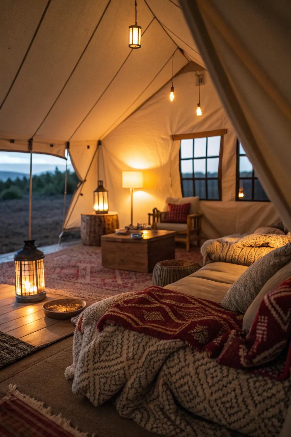 A cozy tent interior illuminated by warm lighting, perfect for a winter evening gathering.