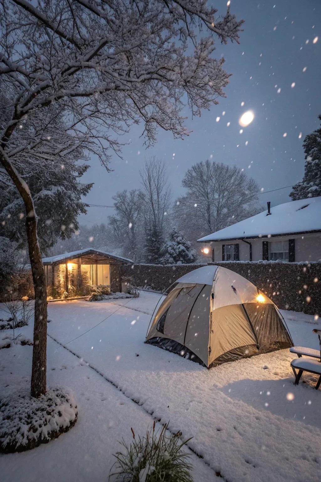 A tent amidst a snowy landscape, creating a picturesque winter wonderland setting.