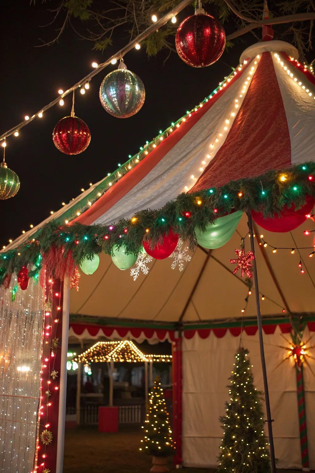 A lively tent interior featuring colorful Christmas lights and decorations, perfect for a playful holiday vibe.