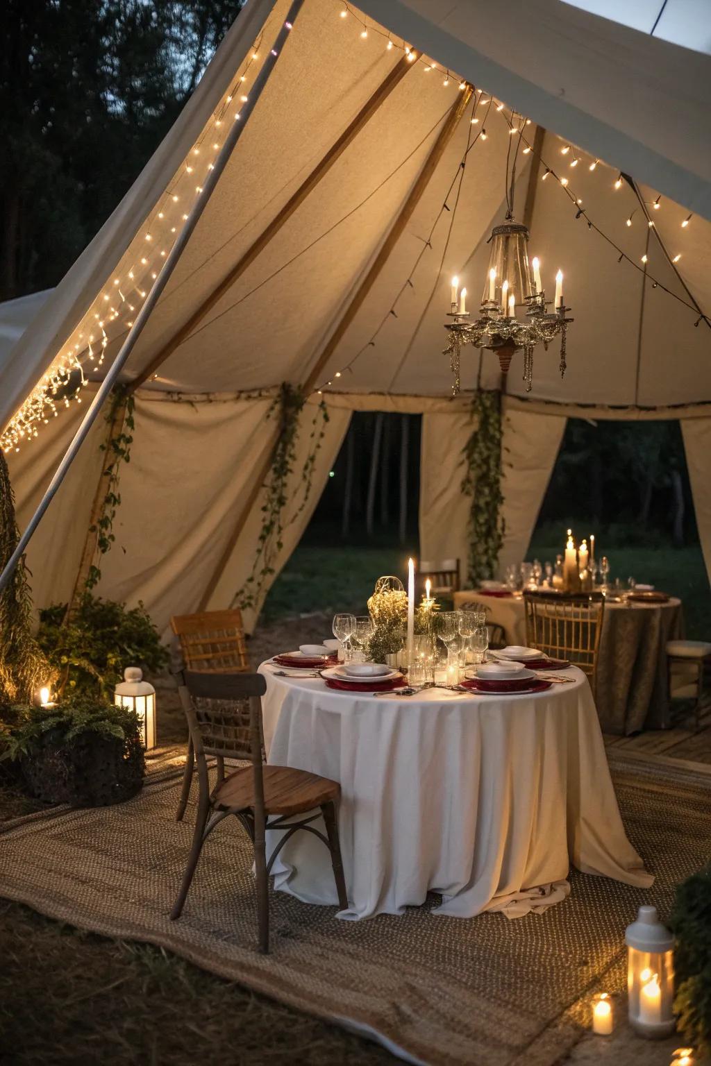 A sophisticated tent interior featuring an elegant dining arrangement with candles and fine tableware.