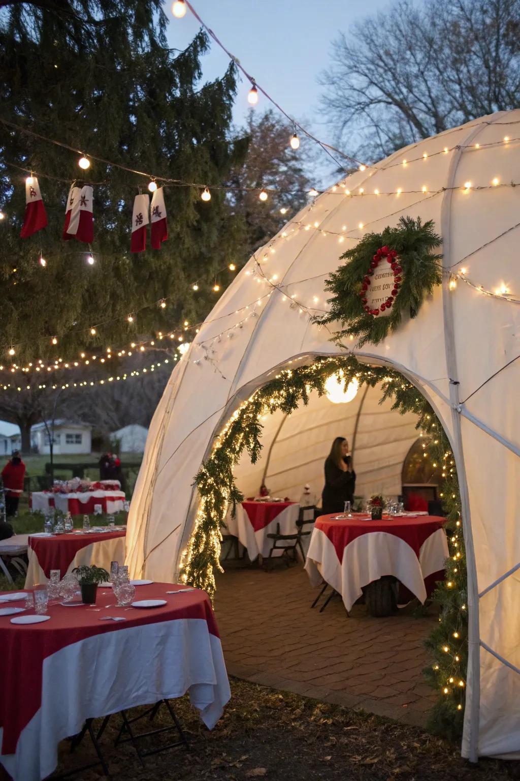A unique igloo-shaped tent offering a novel and exciting setting for a Christmas party.