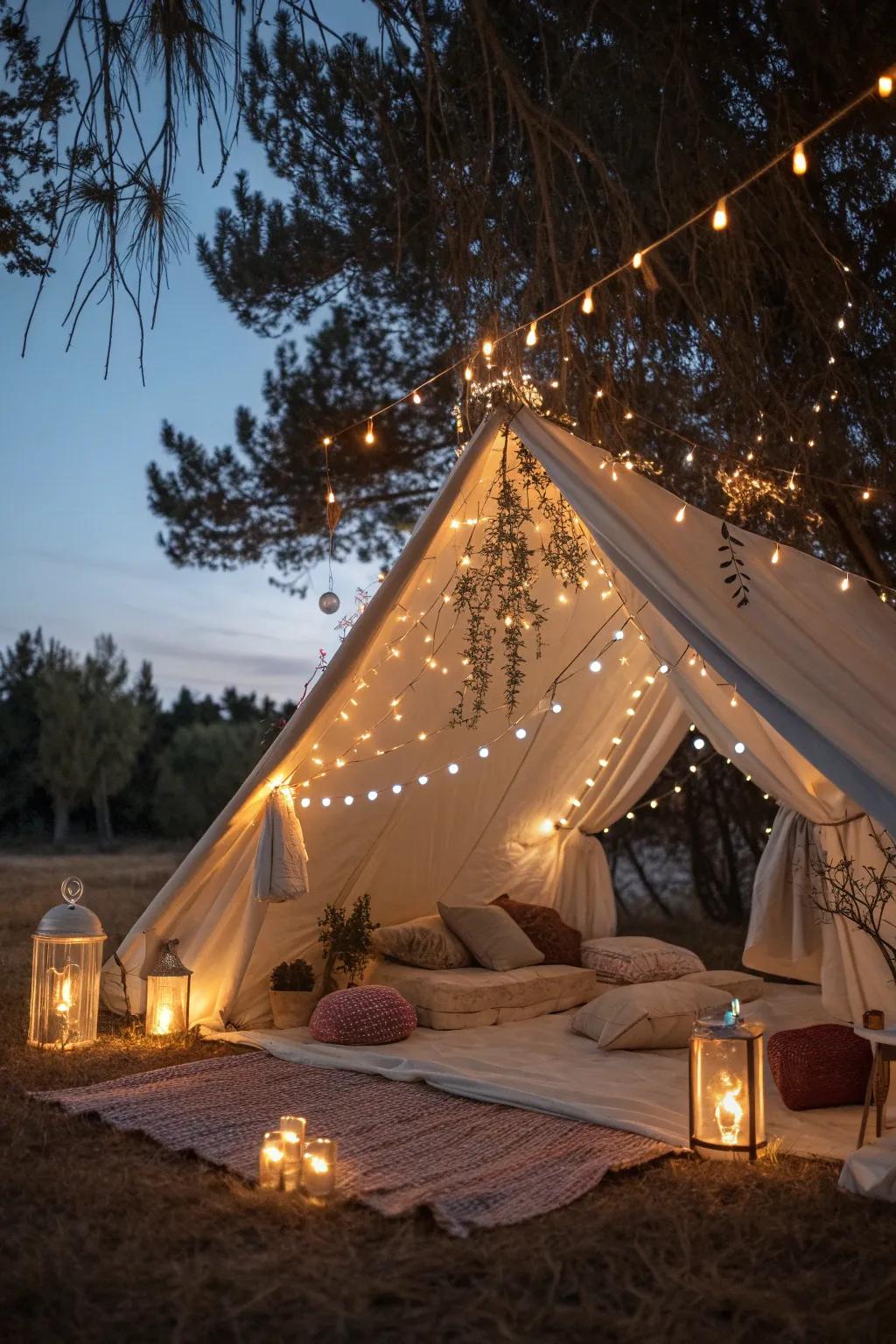 A tent aglow with an abundance of fairy lights and lanterns, creating a dazzling festive atmosphere.