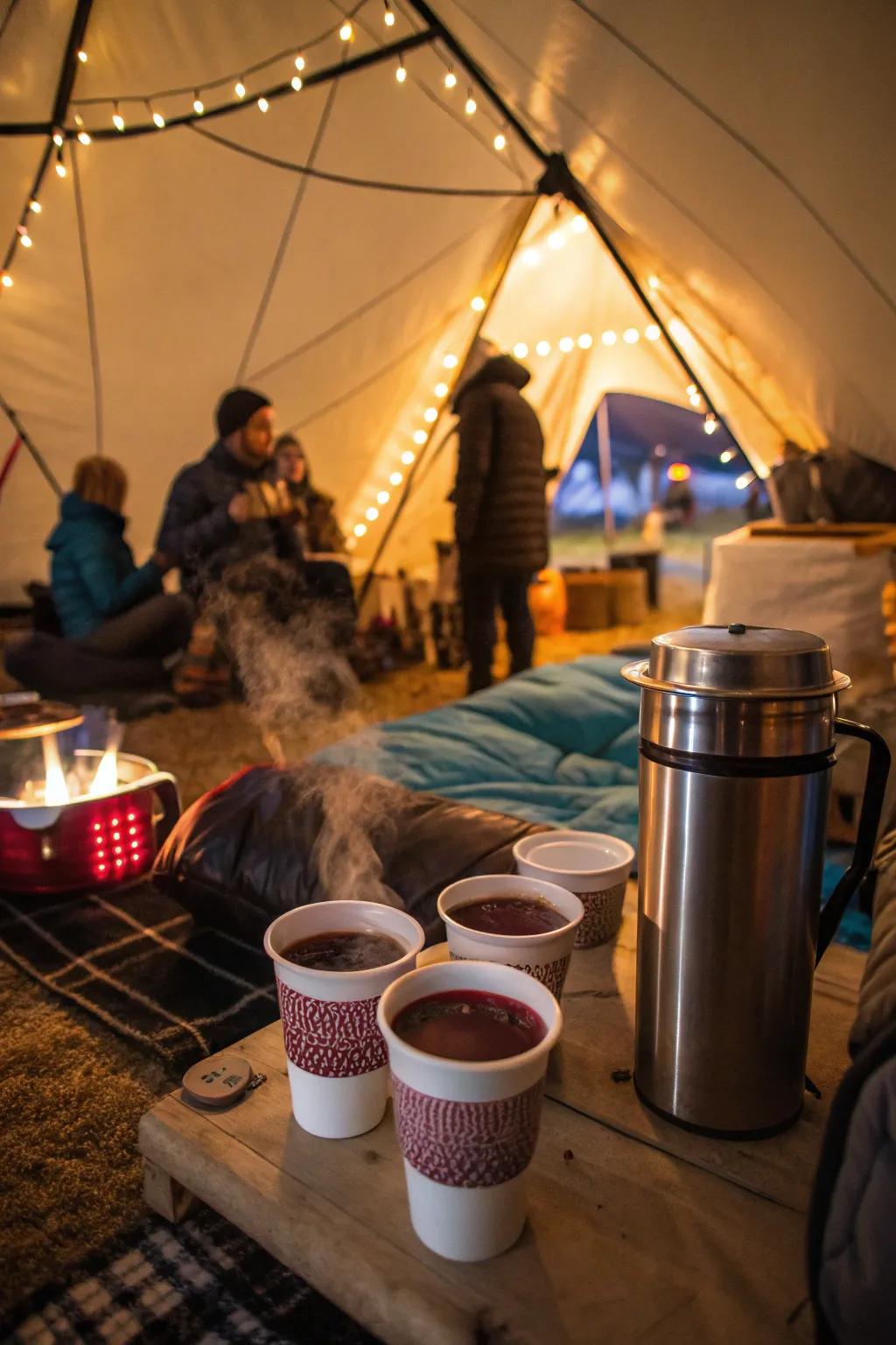 A cozy hot drinks station offering mulled wine and hot chocolate, perfect for warming up at a Christmas party.
