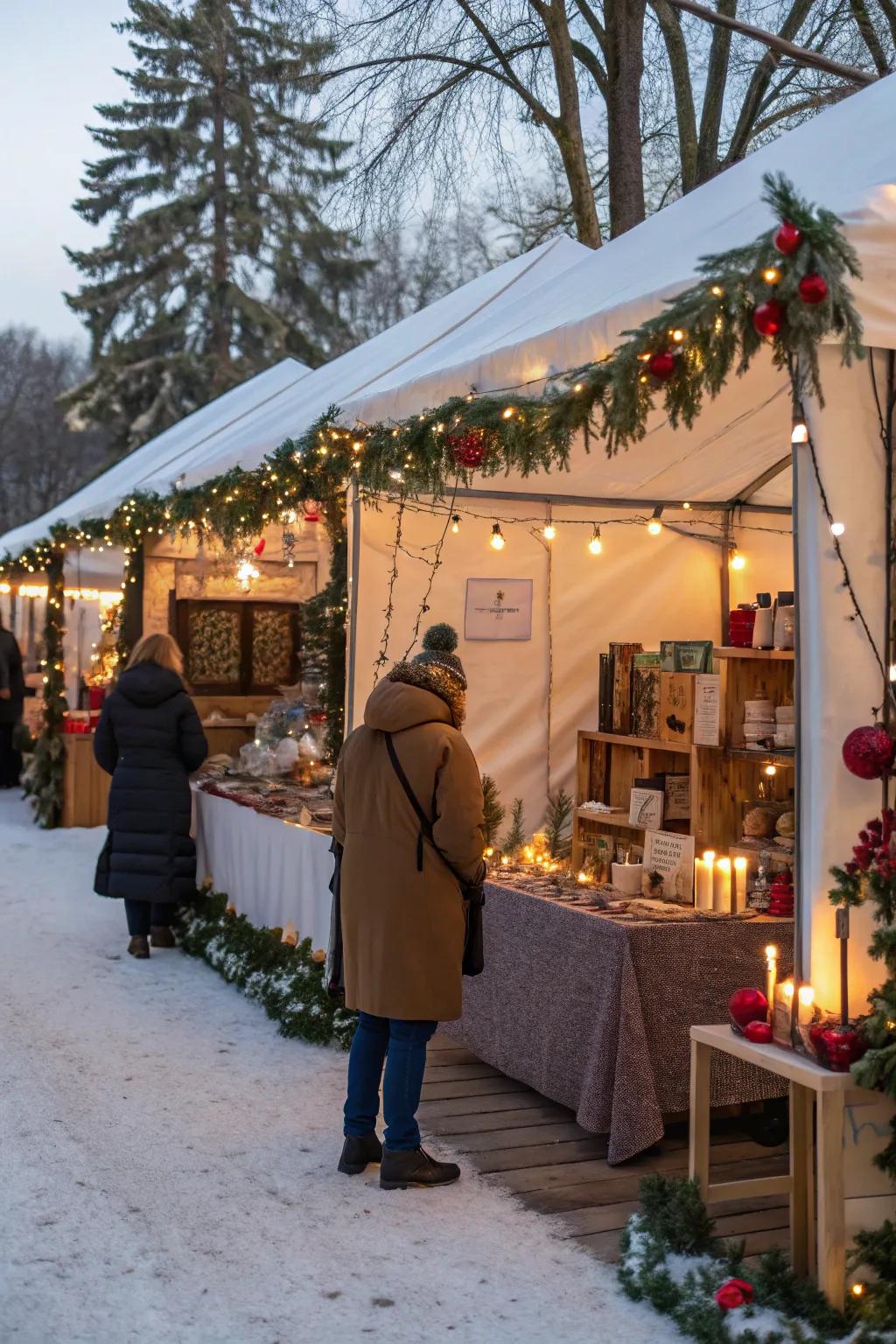 A tent transformed into a bustling Christmas bazaar, filled with festive stalls and holiday cheer.