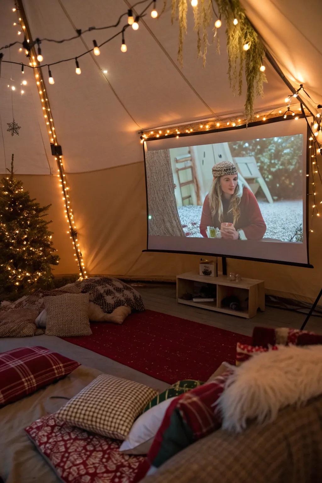 A tent transformed into an outdoor cinema, screening a beloved Christmas film for guests.