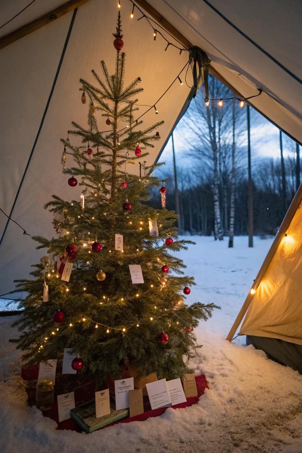 An interactive Christmas tree adorned with wish cards, inviting guests to add their own festive hopes.