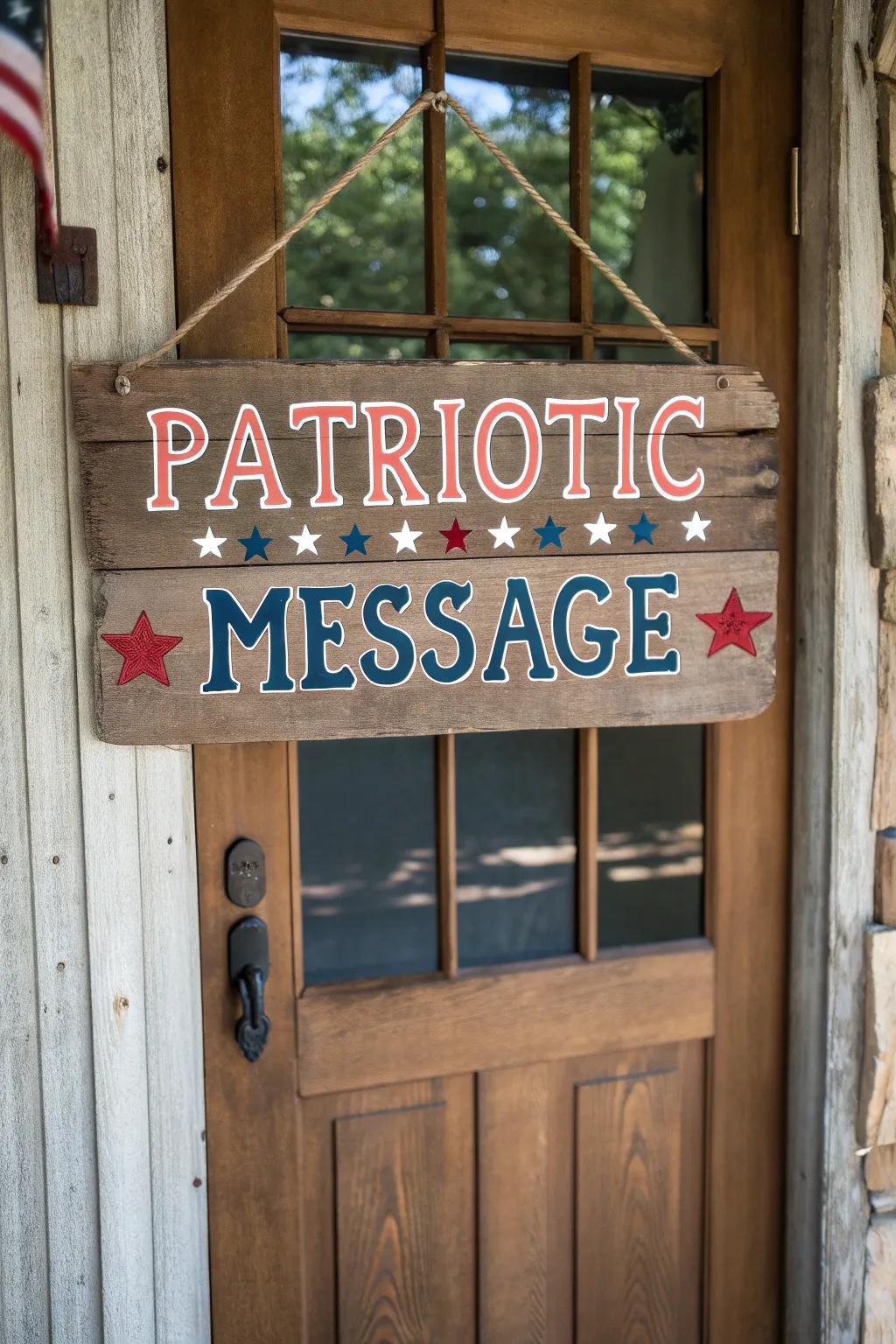 A rustic wooden sign that warmly welcomes guests with a patriotic message.