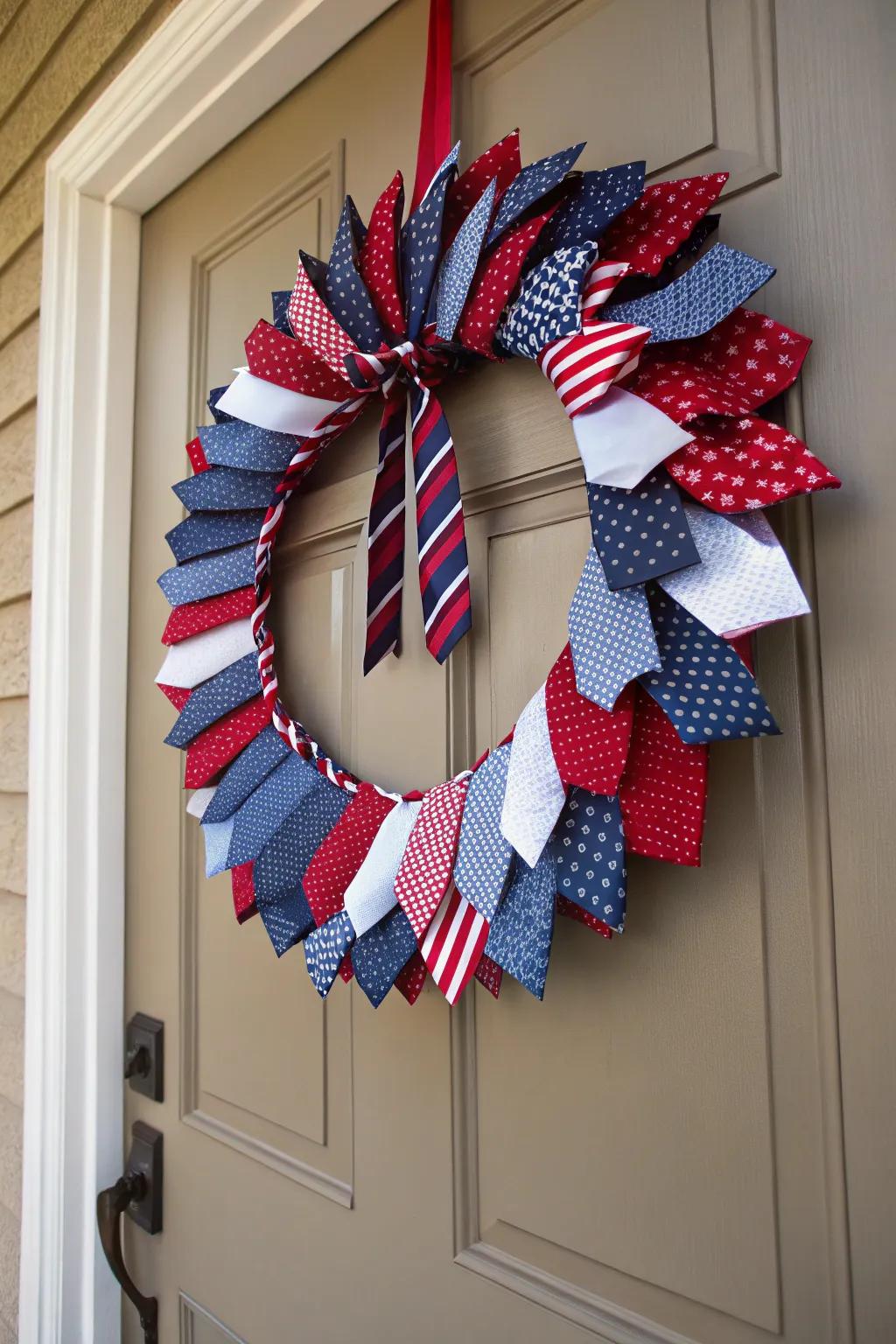 A unique necktie wreath that adds a touch of creativity to your patriotic decor.