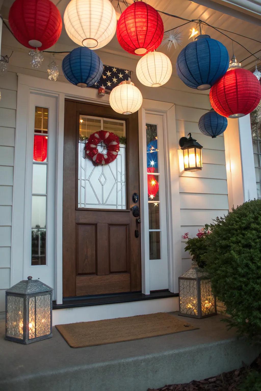 Inviting lanterns that cast a welcoming glow with patriotic colors.