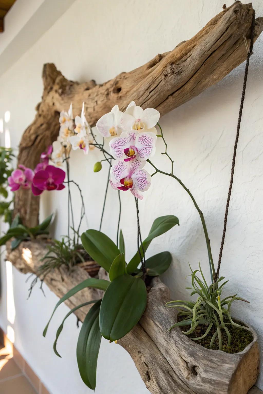 Driftwood-mounted orchids add a coastal touch to your decor.