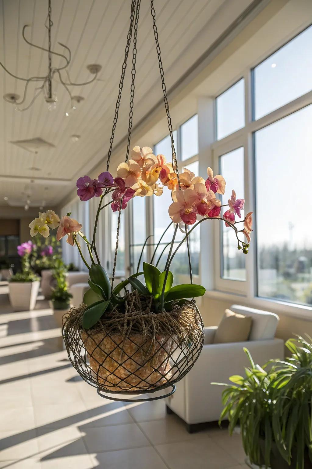 Wire baskets provide a chic, modern look for hanging orchids.