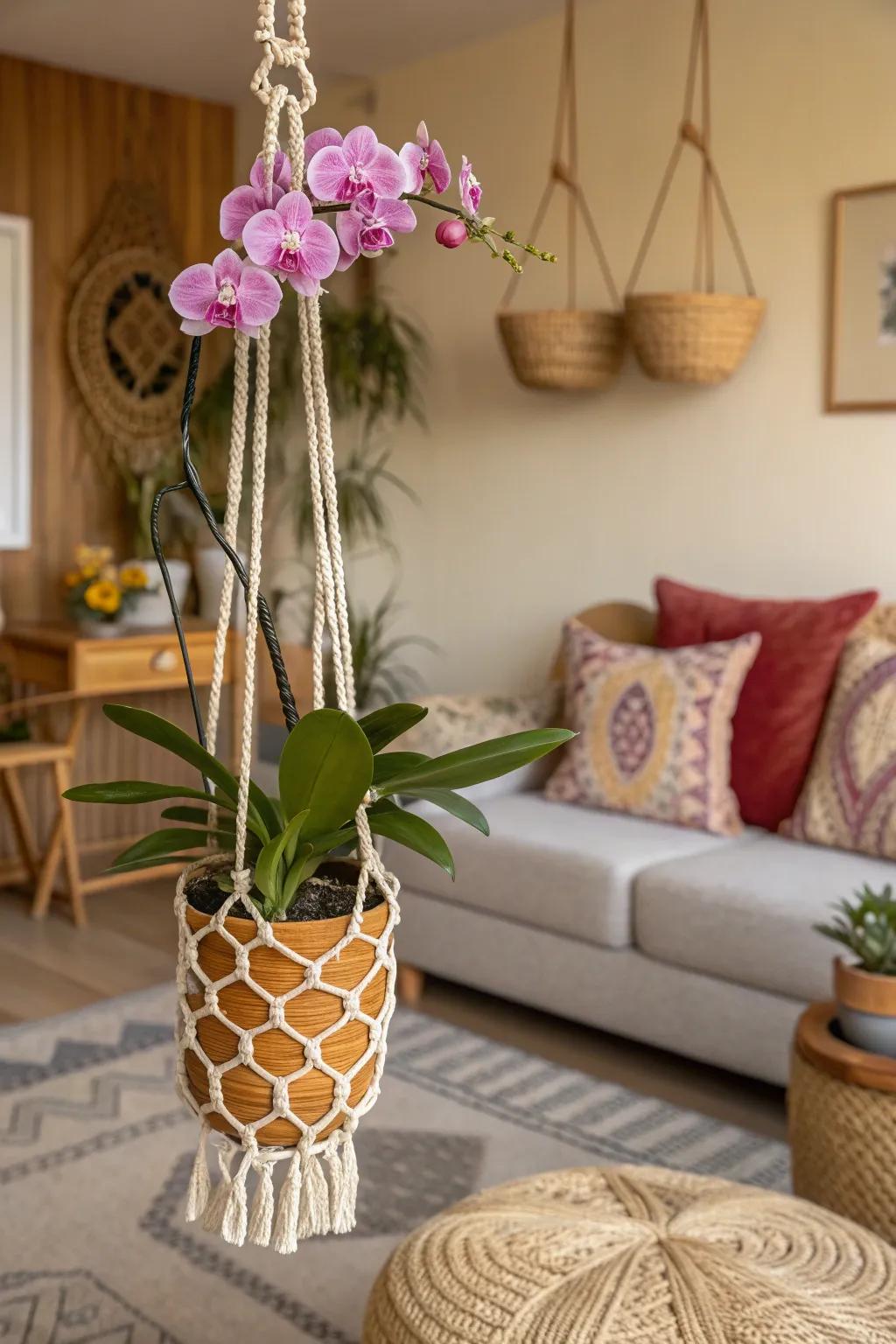 Macramé hangers give orchids a trendy, textured look.