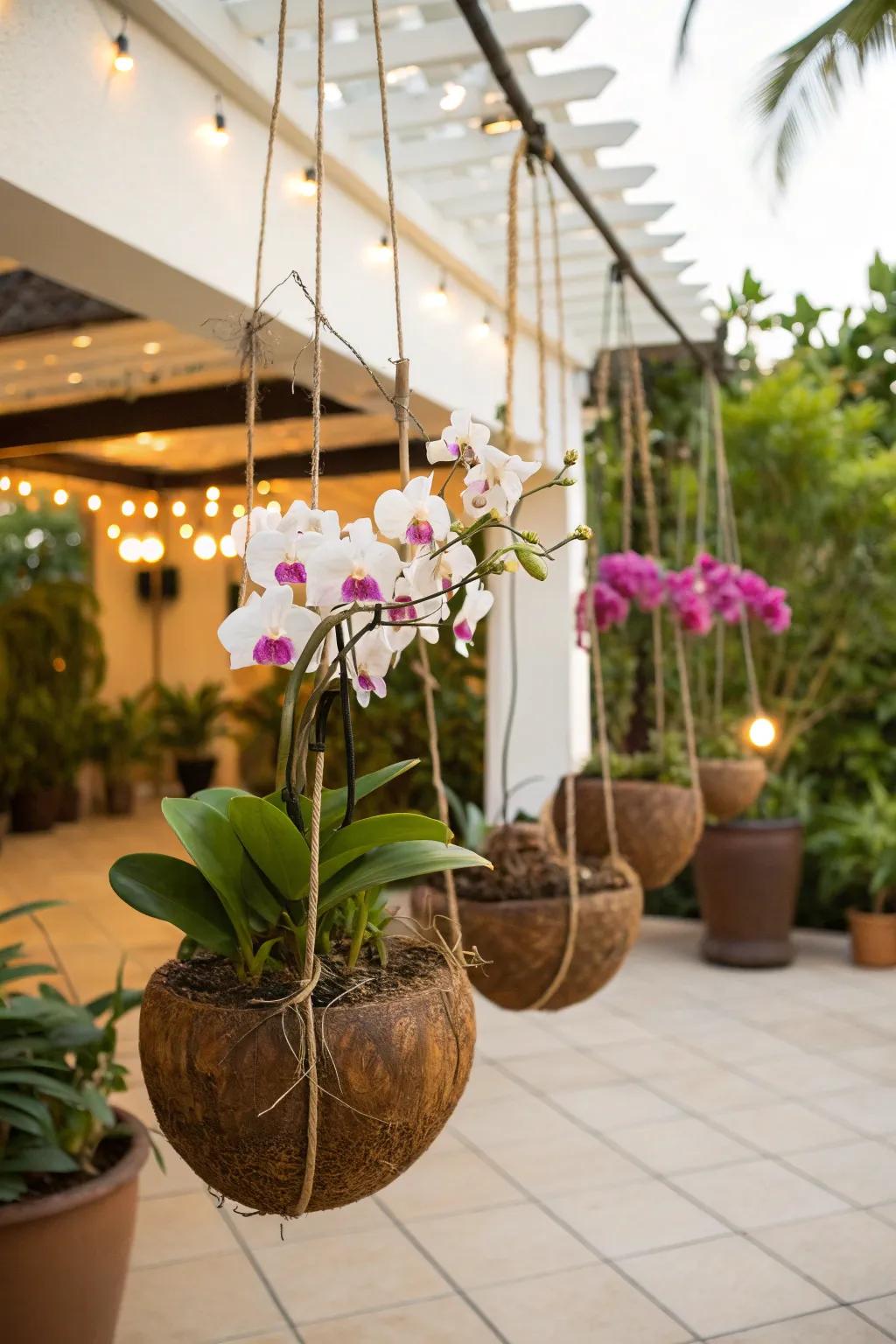 Coconut shells add an exotic, tropical feel to your orchid display.
