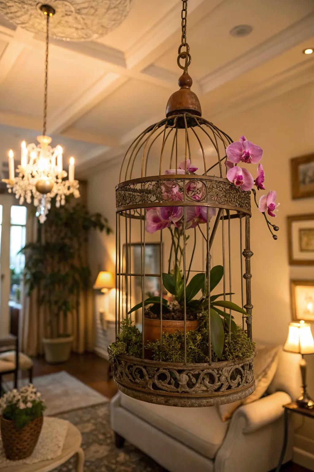Vintage birdcages offer a whimsical home for orchids.